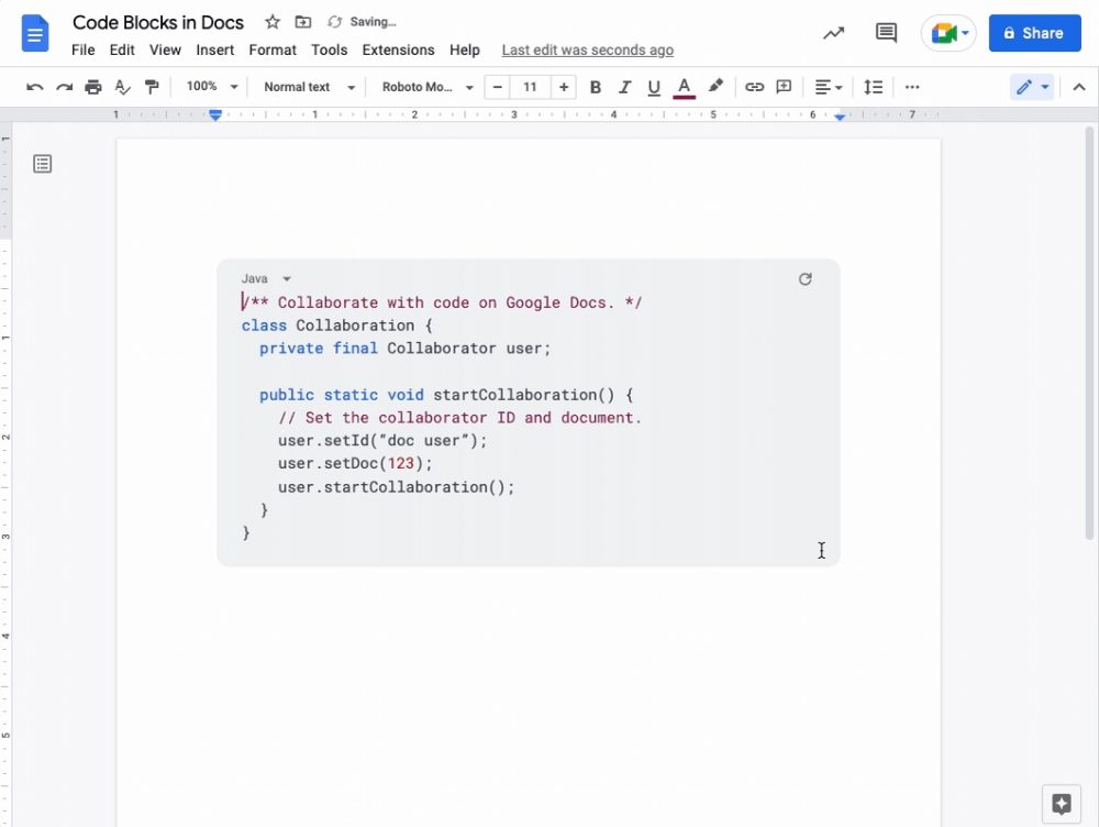 Google Docs rolling out code blocks for easier formatting, display