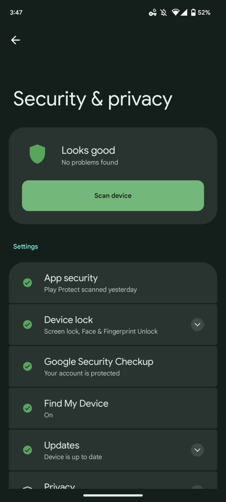 Privacy settings for Pixel Security