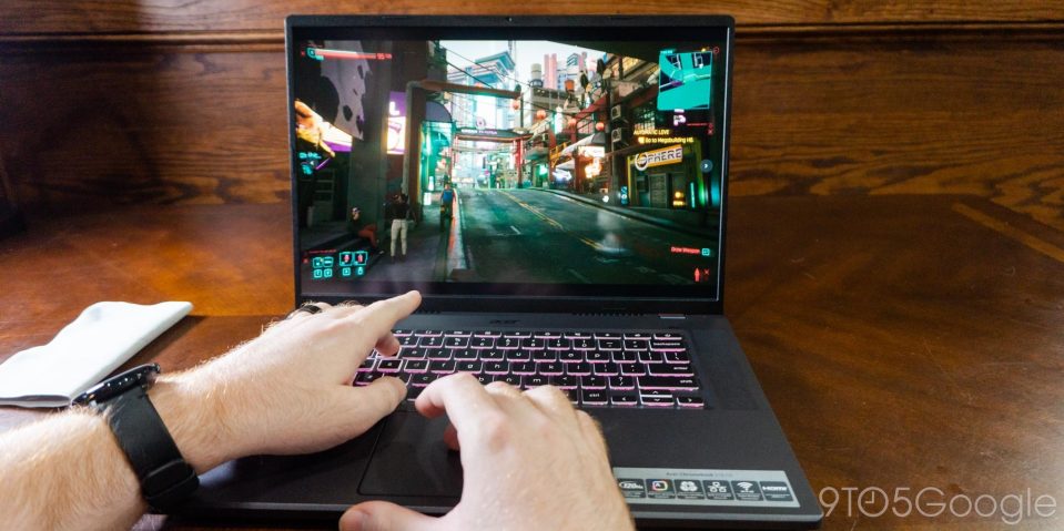 Acer Chromebook 516 GE running Cyberpunk 2077 through cloud gaming