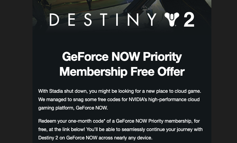 Destiny 2 players get free month of GeForce Now to replace Stadia