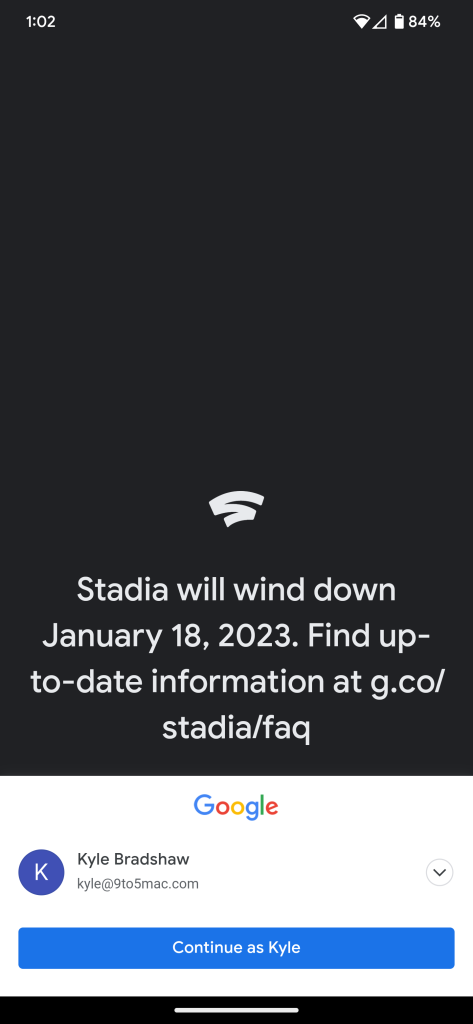 Login page of Stadia's final Android update with new wind down message