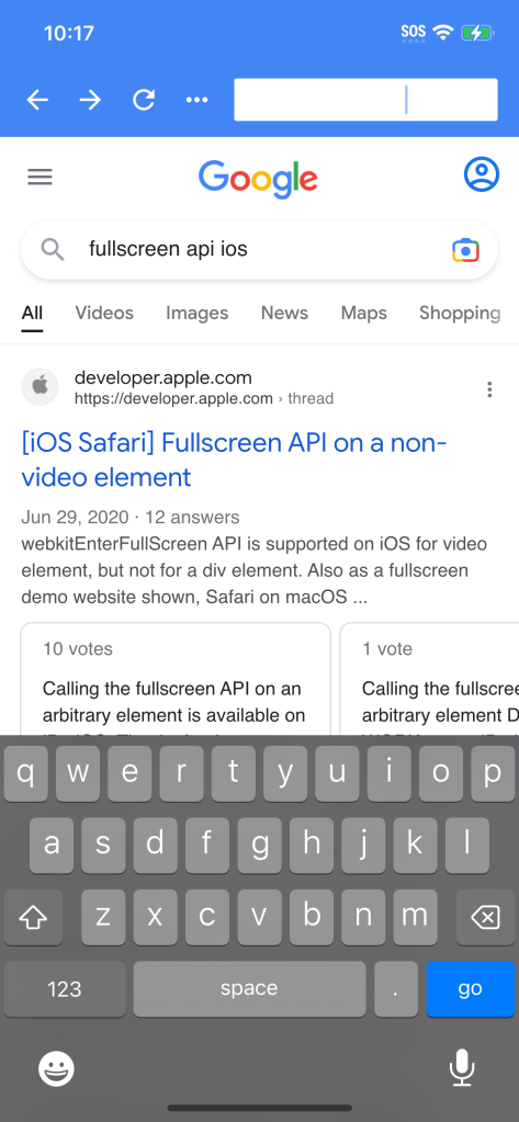 Screenshot of Blink-based browser showing Google Search for "fullscreen api ios"