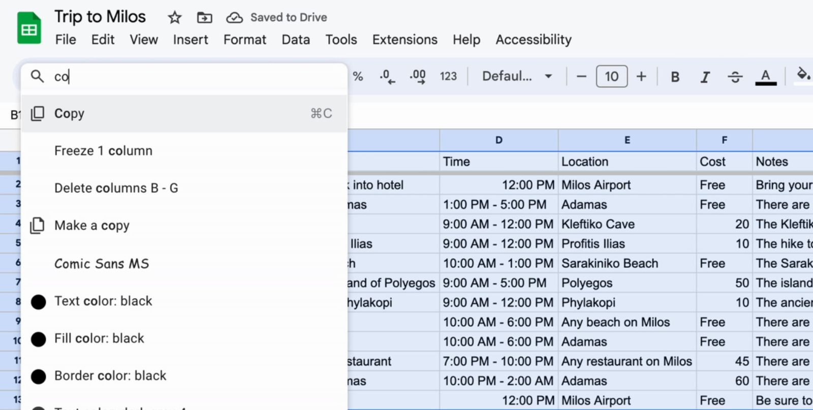 google docs sheets search bar