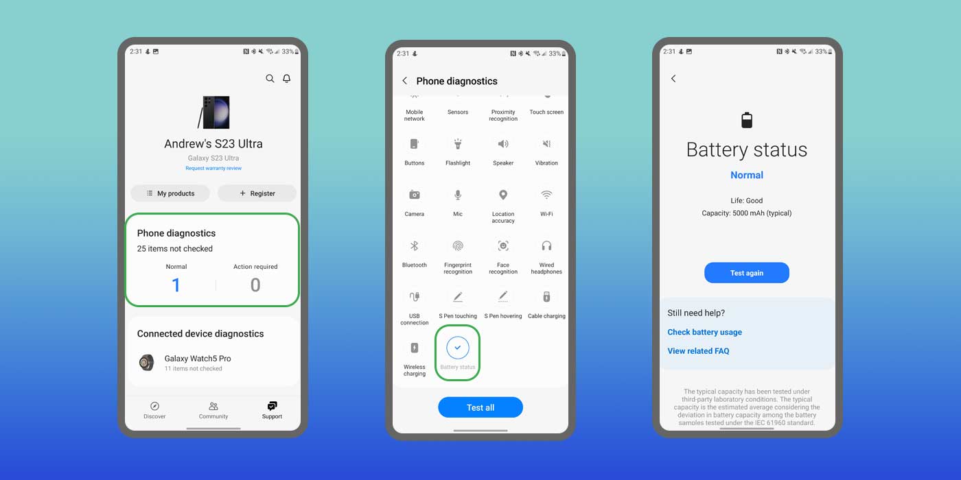 comment voir l'état de la batterie samsung s20