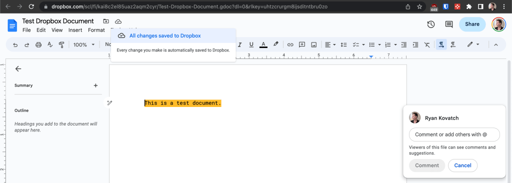Screenshot di Google Documenti per Dropbox, parte dell'integrazione del sito con Google Workspace.