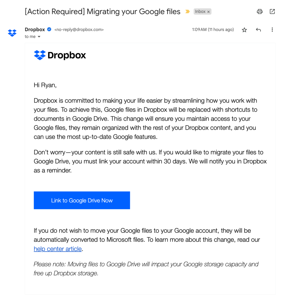 Screenshot dell'email inviata da Dropbox per notificare agli utenti la migrazione a Google Workspace.