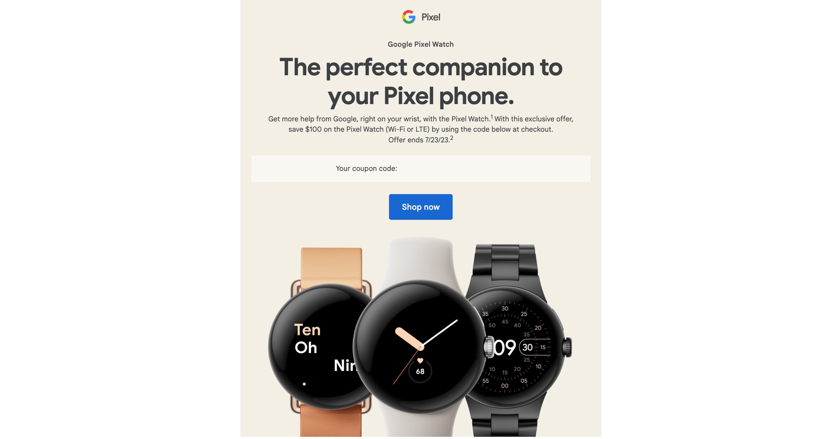 Google coupon codes discount Pixel Watch by 100