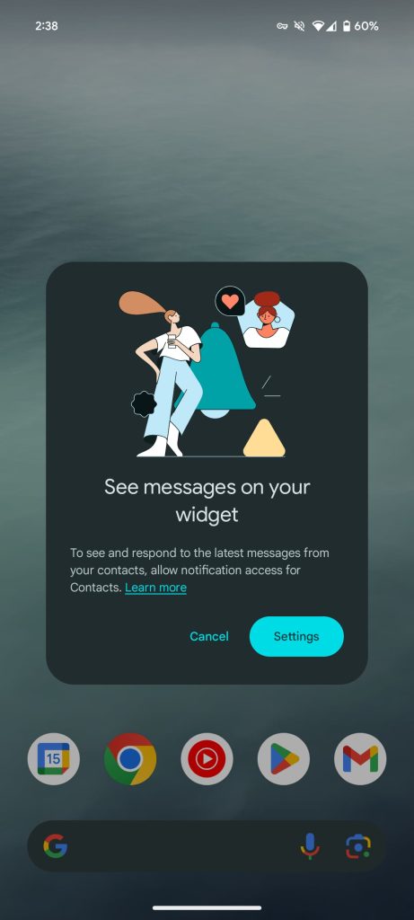 Google Contacts widget rolling out message, call notifications