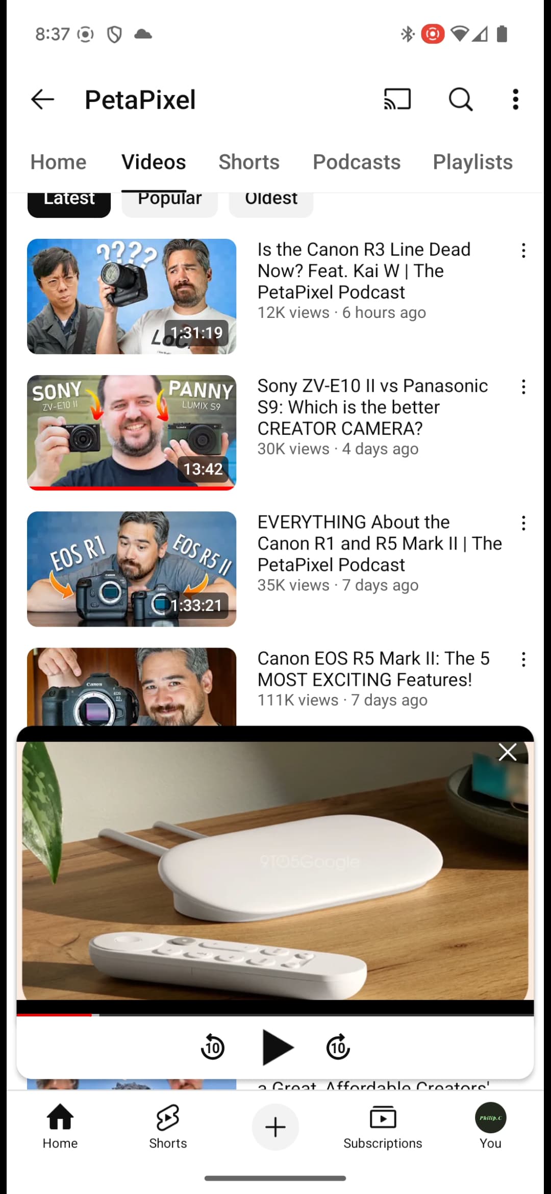 YouTube miniplayer picture-in-picture