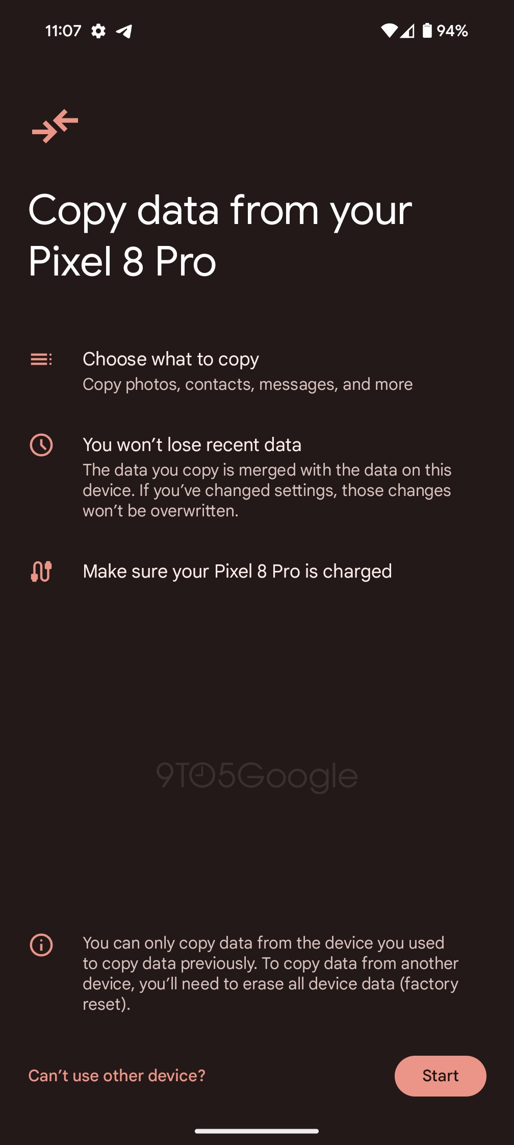 Google Pixel 9 can copy data from another phone after setup