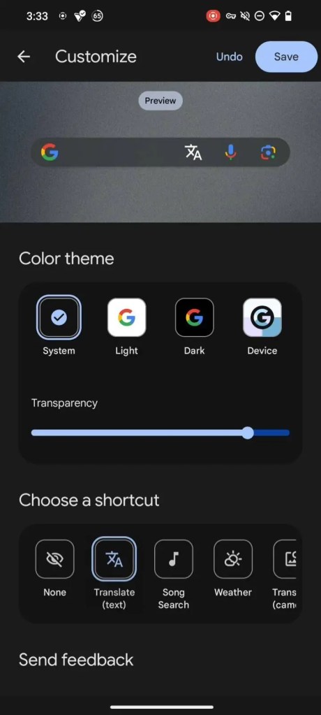 Google Search widget shortcut