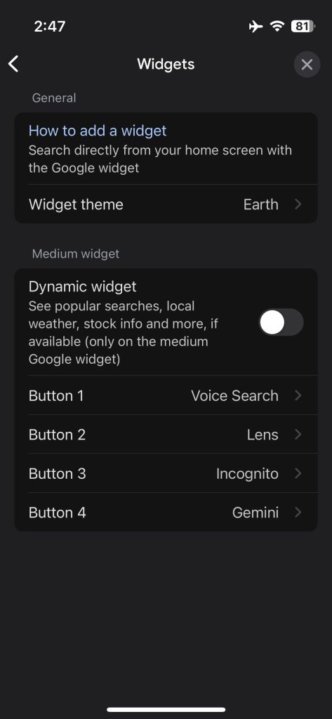 Google Search widget on iPhone adds customizable shortcuts