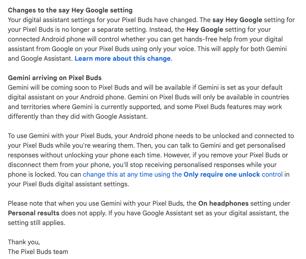 Pixel Buds getting Gemini email