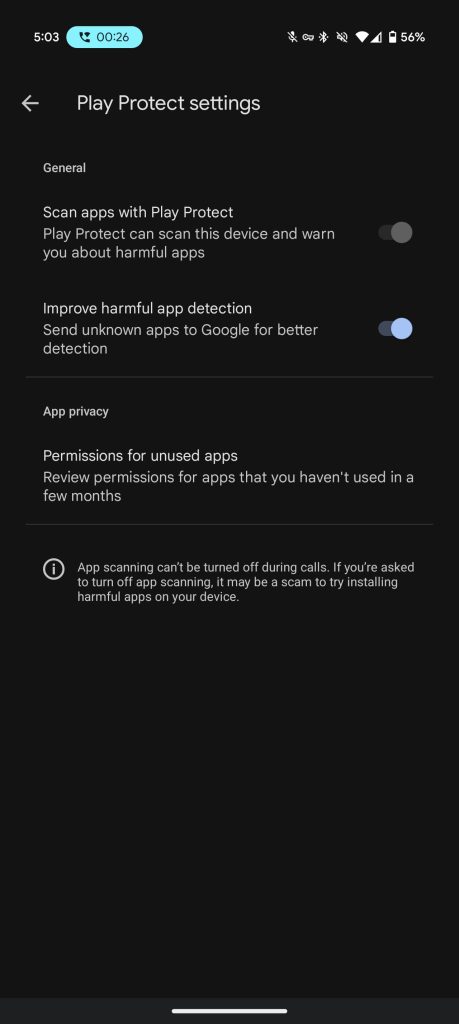 Google Play Protect cannot be disabled during calls on Android