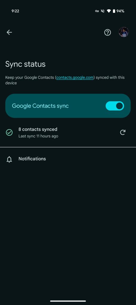 Google Contacts tweaks account menu, sync status on Android