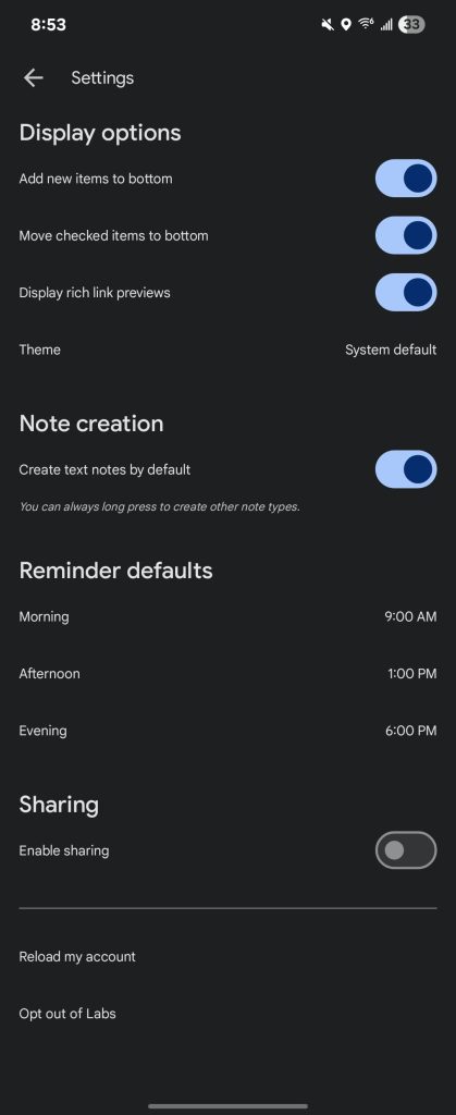 Google Keep default notes
