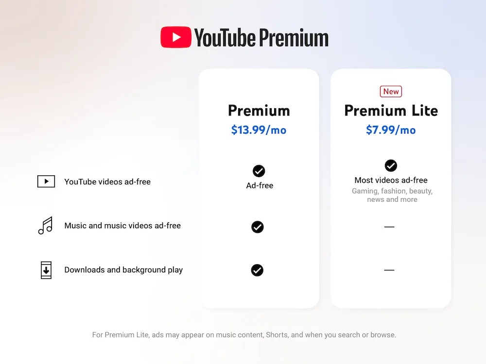 A modern graphic design representing YouTube Premium Lite, focusing on music-free video streaming with a minimalist aesthetic.