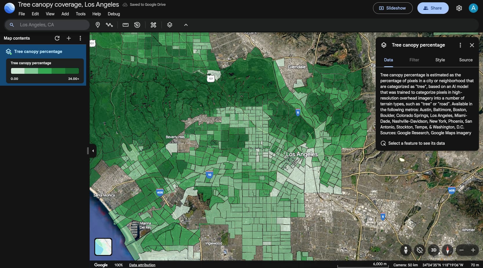 Couverture de la canopée des arbres sur Google Earth