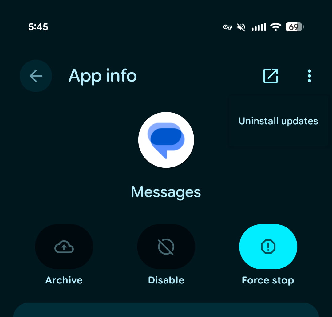 Désinstallation des mises à jour de Google Messages
