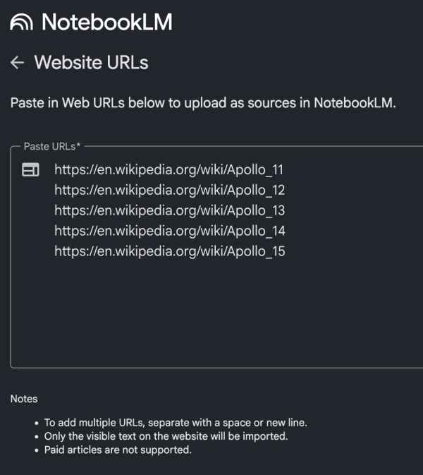 Ajout de liens multiples dans NotebookLM