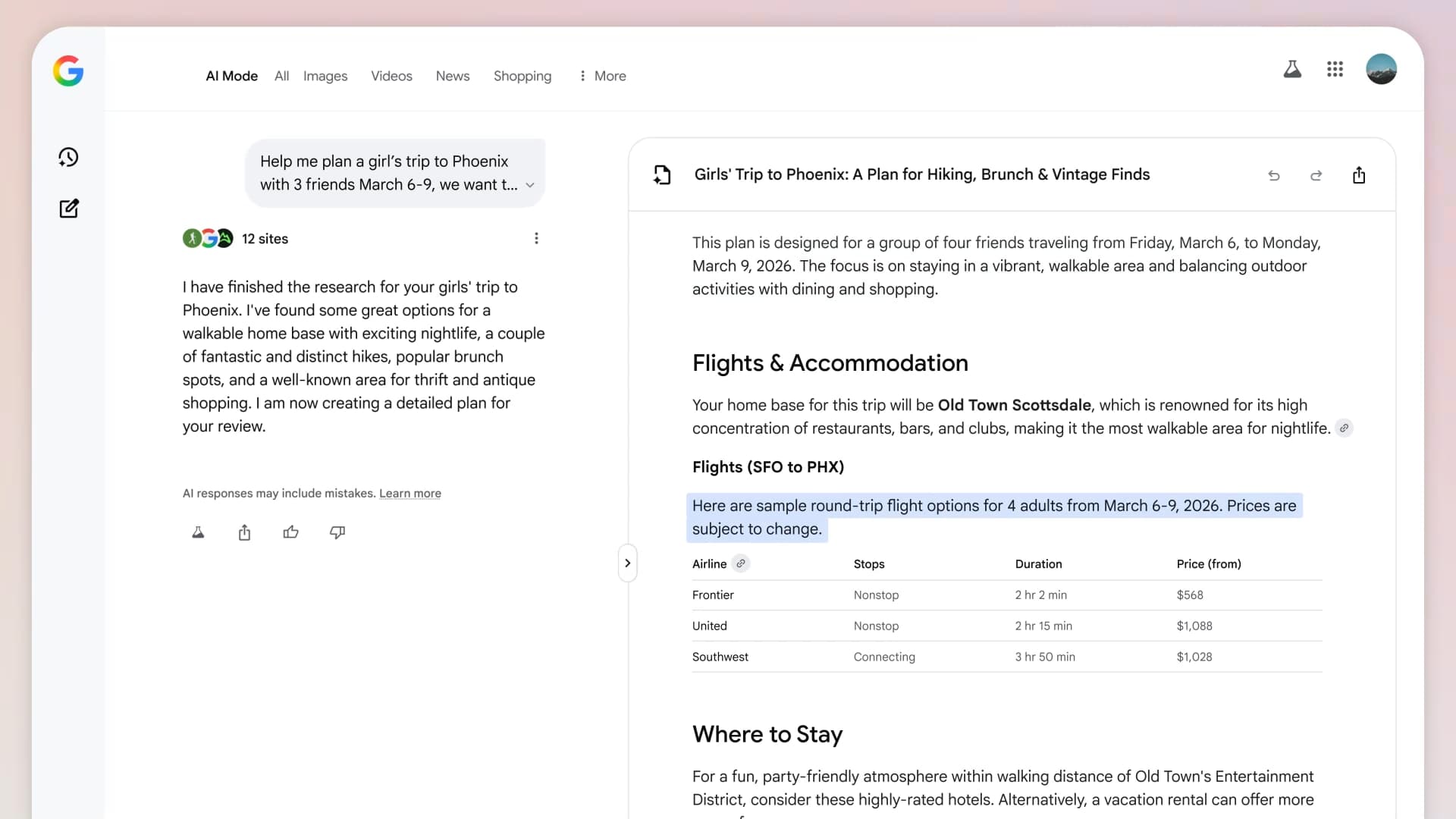 Google AI Mode will help you create full travel plans with Canvas