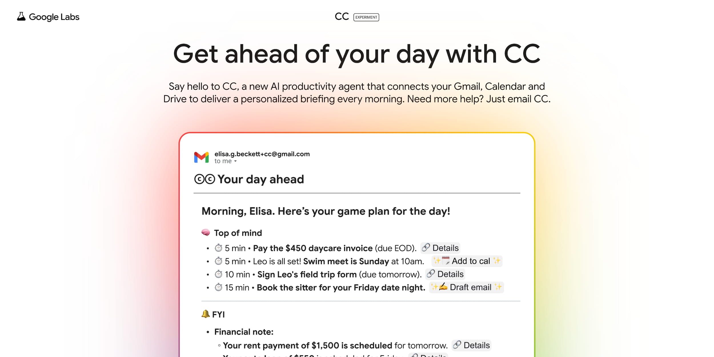 Google Labs тестирует ИИ-ассистент «CC» для повышения продуктивности, интегрированный с Gmail и Drive. Открыта запись в список ожидания.