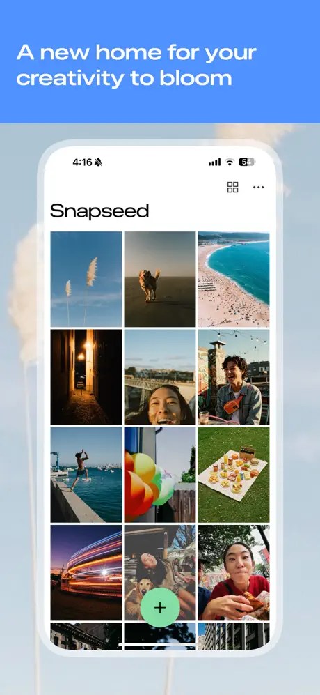 لقطة شاشة لواجهة Snapseed الجديدة على iOS تظهر علامات التبويب