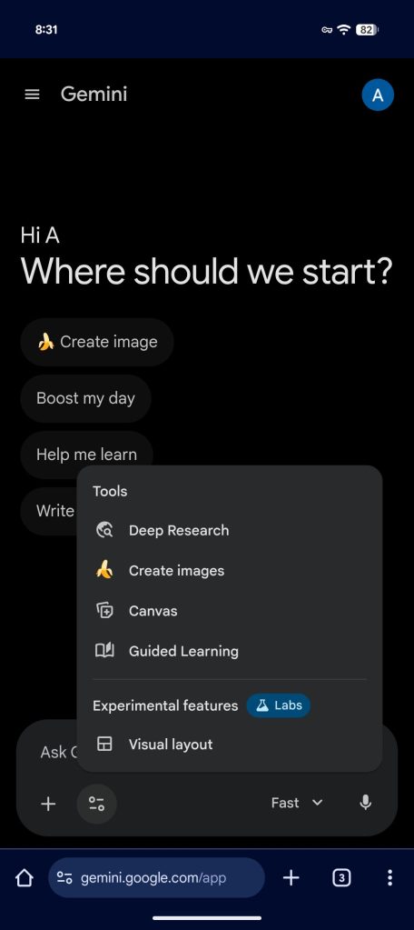 Gemini Tools menu adds Labs section, Personal Intelligence toggle