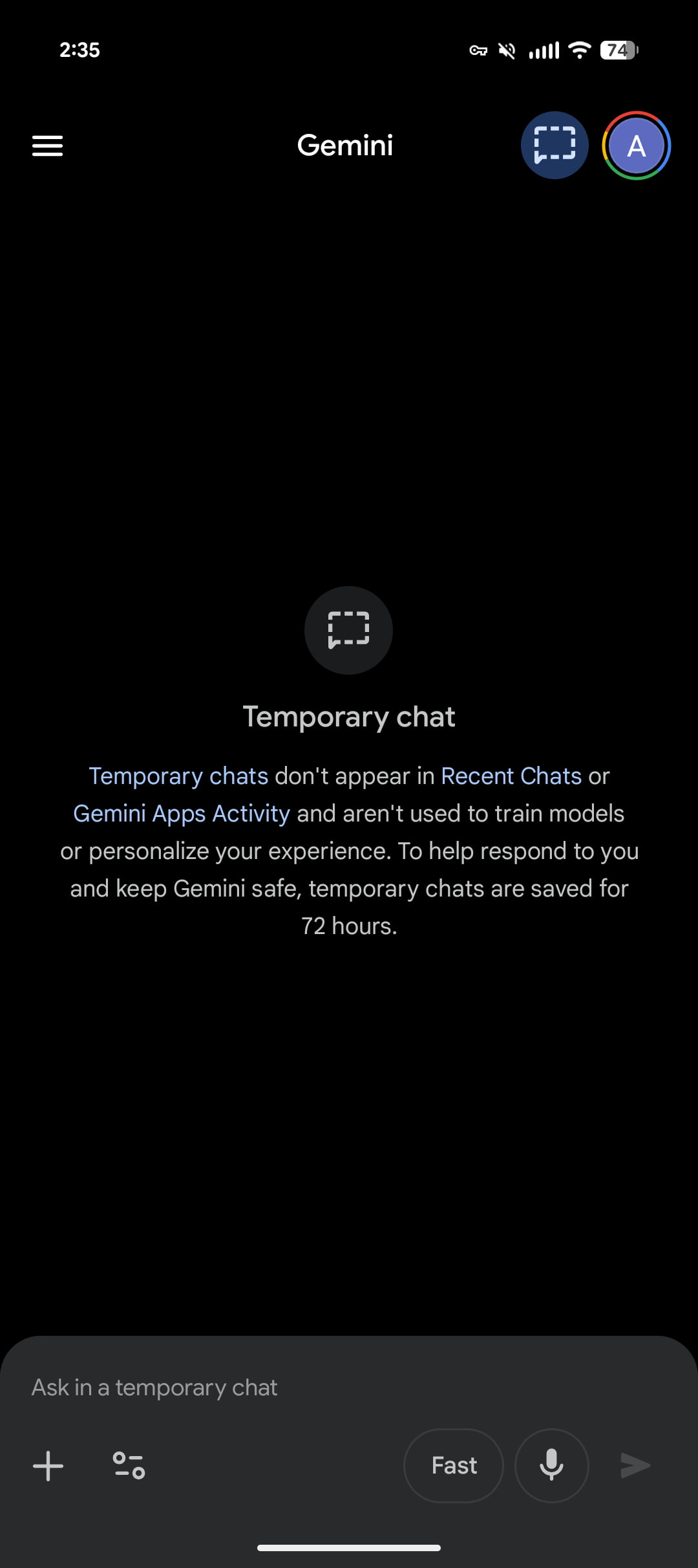 Gemini chat temporaire sur web