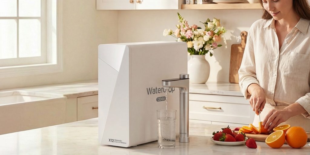 Waterdrop Filter X12 water filtration system on a counter with a woman cutting fruit