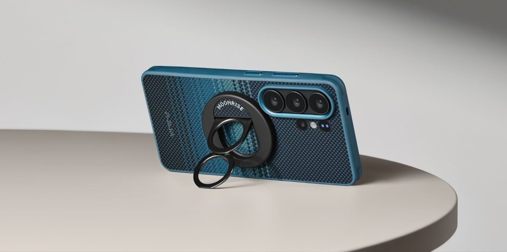 Pitaka Cairn case for the Galaxy S26 Ultra in blue horizontal on a kickstand 