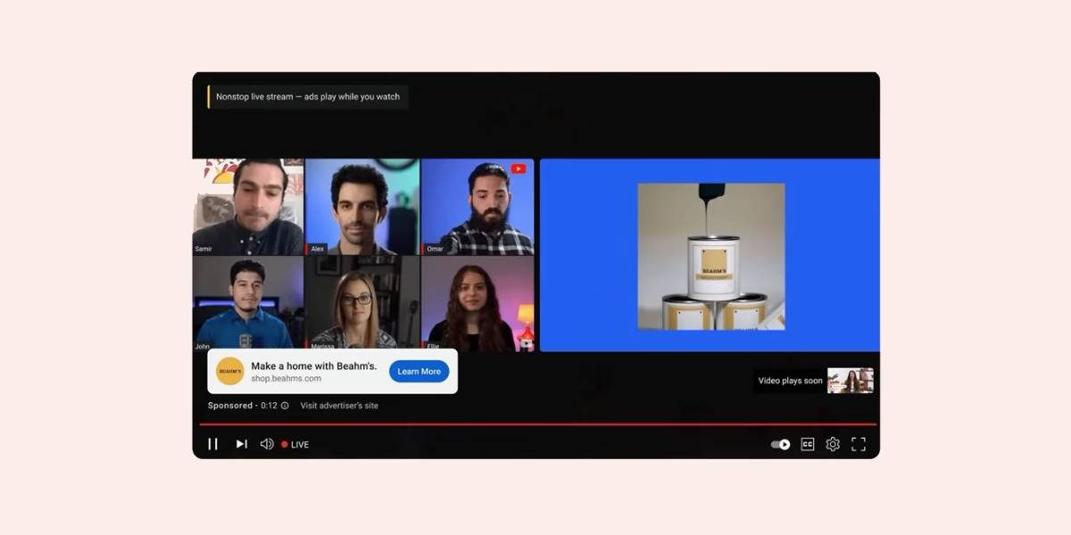 Реклама YouTube появляется в ленте подписок, а реклама бок о бок охватывает больше контента в реальном времени