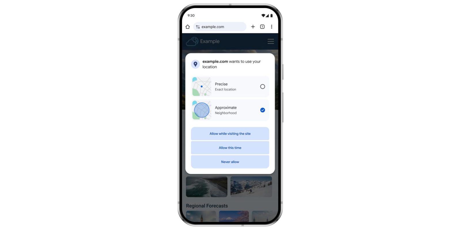 Chrome for Android will let you just share approximate location