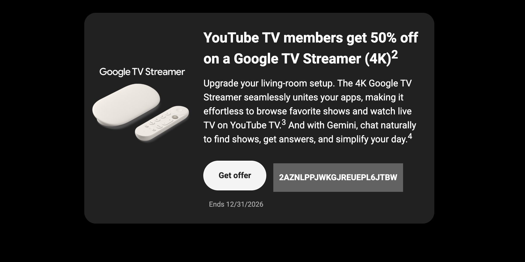 Подписчики YouTube TV могут приобрести Google TV Streamer со скидкой 50%