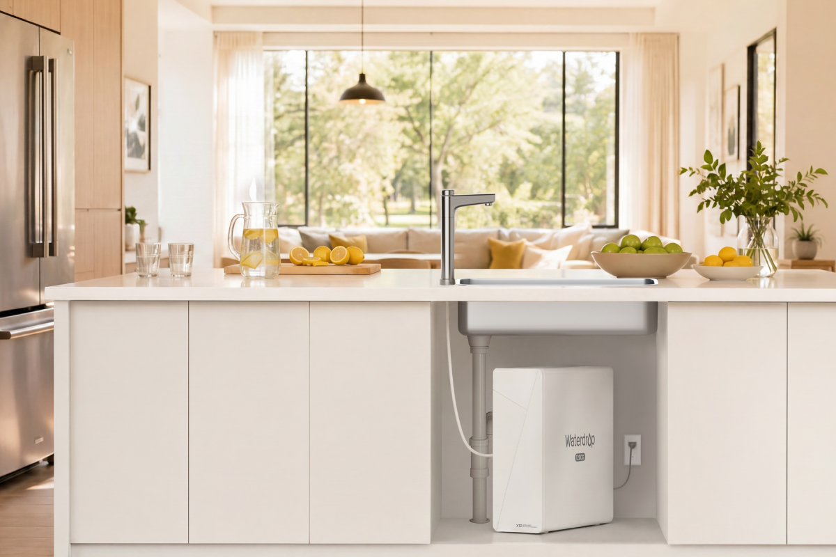 A Waterdrop X12 system sits underneath a counter in a kitchen